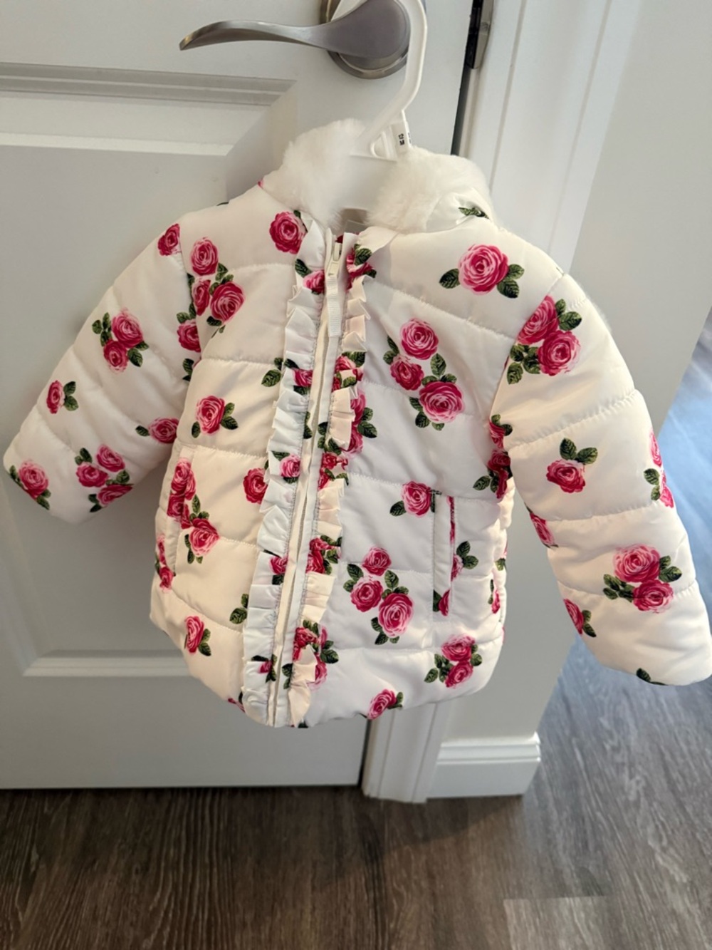 White Floral Puffer Jacket with Pink Rose Print-12M